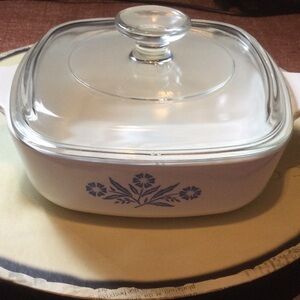 Corning White Glass Baking Dish with Blue Floral Design